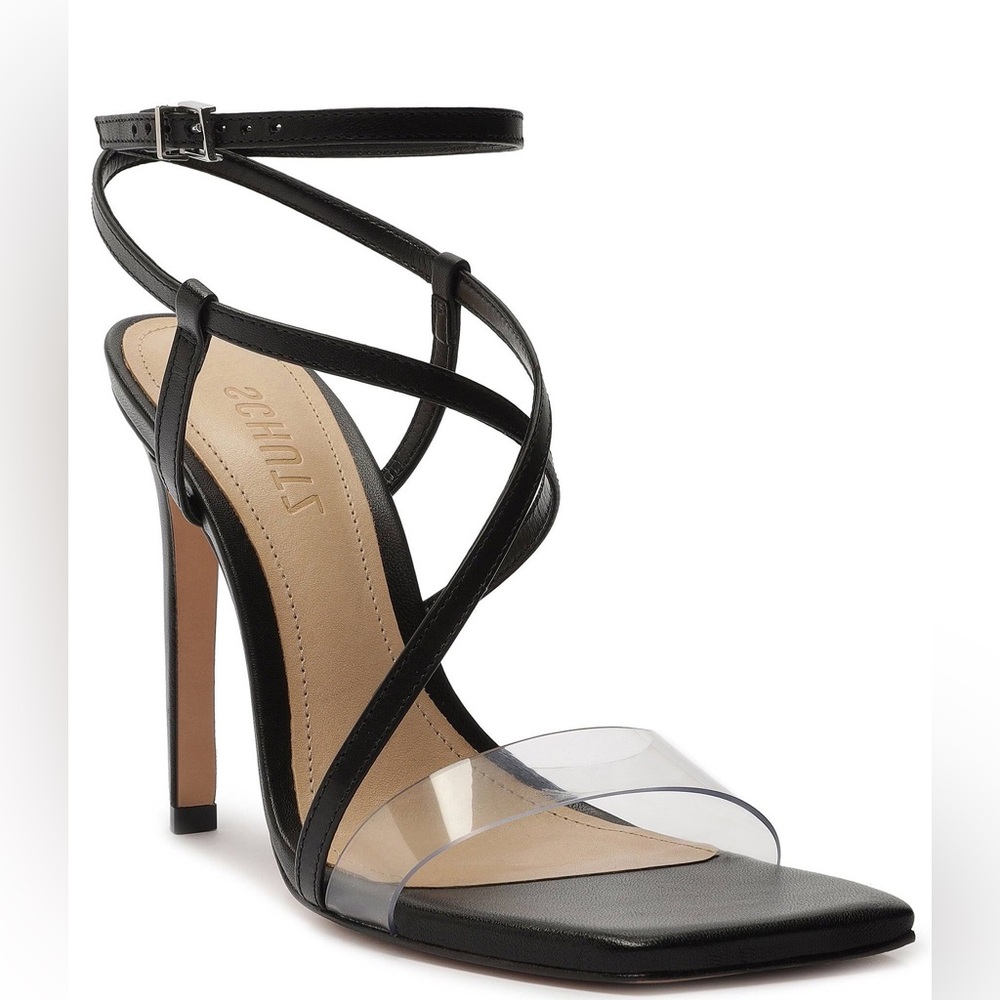 SCHUTZ Black Strappy Sandal with Clear Toe Band